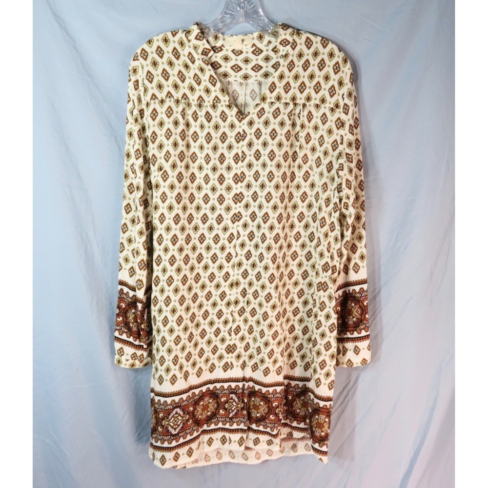 FREEWAY White/Brown Print SHIFT SHIRT DRESS V-Neck Peasant Boho SOFT TWILL sz L